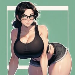 ai_generated big_breasts black_hair black_shorts black_tank_top cixf glasses huge_breasts miss_pauling team_fortress_2 tf2 thick_thighs