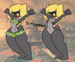 anthro areola blonde_hair bottom_heavy bottomwear breasts clothing octo_toaster salmonid scrapper_(splatoon) splatoon