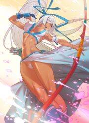 1girls arrow_(weapon) bow_(weapon) eyepatch full_cleavage gloves high_ponytail highleg highleg_panties highleg_thong majikina_mina nipple_bulge one_eye_obstructed pelvic_curtain pelvic_curtain_aside revealing_clothes samurai_shodown snk solo_female tan_body tanned_female thong tomoyuki_kotani toned_female very_long_hair white_hair