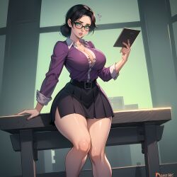 ai_generated big_breasts black_hair cixf glasses huge_breasts miss_pauling purple_shirt skirt team_fortress_2 tf2 voluptuous