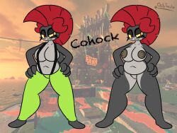 anthro areola big_breasts bottomwear breasts clothed clothing cohock_(salmonid) cohock_(splatoon) eyelashes female octo_toaster salmonid splatoon