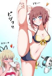 2girls alice_gear_aegis araime_yasuri bangs bikini blonde_hair blue_eyes blunt_bangs blush brown_hair cleavage eggman_(pixiv28975023) eyebrows_visible_through_hair female female_only gradient_background hair_ornament heart japanese_text kanagata_sugumi leg_up long_hair looking_at_viewer medium_breasts medium_hair navel phone pointy_chin recording ribbon robot sidelocks simple_background standing standing_on_one_leg text thought_bubble thumbs_up translation_request wristband