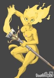 anthro breasts domestic_cat felid feline felis female genitals hi_res katia_managan komolord magic mammal nipples pink_nipples pink_pussy prequel pussy solo staff tail yellow_body