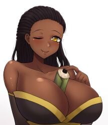 1girls baochan big_breasts black_hair blush dark-skinned_female dark_skin dreadlocks female female_only huge_breasts mistynight nchans nchans_style suggestive suggestive_look wink yellow_eyes