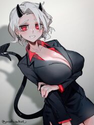 black_outfit character_request cleavage demon demon_girl demon_horns demon_tail female_only fully_clothed generic_(helltaker) helltaker horns huge_breasts looking_at_viewer noaharbre pentagram red_eyes short_hair skirt smile smiling_at_viewer uniform white_background white_hair