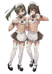 2girls abs absurdres alternate_costume alternate_muscle_size apron black_footwear bow bowtie breasts brown_bow brown_bowtie brown_eyes brown_hair brown_skirt dark_green_hair detached_collar enmaided female female_only frilled_apron frilled_skirt frills full_body green_eyes hair_ornament high_heels highres kantai_collection long_hair maid maid_apron maid_headdress miniskirt multiple_girls muscular muscular_female navel nipples one_breast_out sahara1127 sendai_(kantai_collection) simple_background skirt small_breasts smile standing thighhighs twintails waist_apron white_apron white_background white_thighhighs wrist_cuffs zuikaku_(kantai_collection)