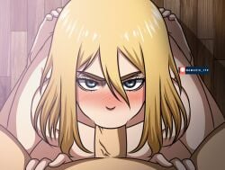 1boy 1girls :>= animated attack_on_titan blonde_female blonde_hair blowjob blue_eyes christa_lenz cute deepthroat eye_contact fellatio female historia_reiss light-skinned_female long_hair nemesis179 oral partial_male penis petite pov queen royalty secretly_loves_it shingeki_no_kyojin shy skinny slim teenager