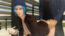 1boy 1girls 3d arched_back beanie beanie_hat bleachers blue_eyes blue_hair breasts breasts chloe_price doggy_style exposed_breasts female from_behind grabbing_from_behind hands_on_hips hat leather_jacket life_is_strange looking_back mktrreekky nipples open_clothes open_jacket short_hair smoking smoking_weed sole_female sole_male source_filmmaker standing standing_doggy_style standing_sex teenage_girl teenager under_bleachers weed