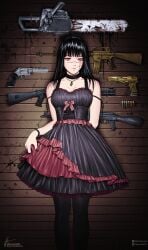 akm alternate_outfit assault_rifle black_choker black_dress black_hair chainsaw chainsaw_man choker clothing desert_eagle facial_scar female firearm gun hand_behind_back handgun human m16 meenu necklace omarvin pale_skin red_eyes revolver rifle shotgun stevens_savage_320_pump weapon yoru_(chainsaw_man)