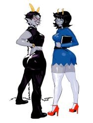 2girls aranea_serket big_ass big_butt black_hair blue_dress breasts dress female female_only glasses grey_skin heels homestuck horns looking_at_viewer lysanthum meenah_peixes sharp_teeth thighhighs tight_clothing troll