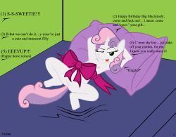 anthro bed bedroom bedroom_eyes big_macintosh_(mlp) bow_ribbon comic comic_panel dialogue english_text equid equine female friendship_is_magic furniture genitals hasbro hi_res horn horse mammal my_little_pony name_in_dialogue narrowed_eyes nude pony pussy seductive solo text tolpain unicorn young