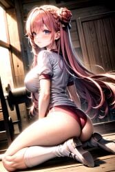 ai_generated alternate_costume ass blush breasts buruma dorothy_(nikke) double_bun female from_behind goddess_of_victory:_nikke gym_clothes gym_shirt large_breasts long_hair looking_at_viewer pink_hair purple_eyes shiny shiny_clothes shiny_hair shiny_skin sideboob smile solo sweat thick_thighs very_long_hair wariza