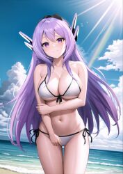 1girls ai_generated beach bikini bikini_bottom bikini_top blue_sky blush breasts female female_only gakusen_toshi_asterisk large_breasts light-skinned_female light_skin long_hair looking_at_viewer outdoors purple_eyes purple_hair sea stable_diffusion standing swimsuit sylvia_lyyneheym white_bikini