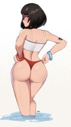 1girl 2d 2d_(artwork) ass big_ass blush clothed epic_games evie_(fortnite) eyeliner female female_focus fortnite from_behind glasses hand_on_hip legs_together magaska19 red_glasses red_lips red_thong short_hair solo_female tattoo thong_bikini water white_background