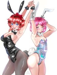 2girls 5_fingers black_bowtie blue_eyes bow bowtie bowtie_collar breasts bunny_ears bunny_tail bunnysuit cleavage doki_doki_literature_club eletsy female female_only gloves hair_bow hairbow multiple_girls natsuki_(doki_doki_literature_club) pink_eyes pink_hair red_bow red_hair_bow red_hairbow sayori_(doki_doki_literature_club) white_background