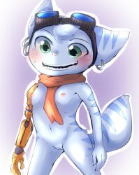 anthro blue_body blue_fur blush breasts cybernetic_arm cybernetic_limb doneru ear_piercing eyewear eyewear_on_head fangs female fur genitals goggles goggles_on_head hi_res innie_pussy lombax looking_aside mammal mostly_nude navel nipples piercing pussy ratchet_and_clank rivet_(ratchet_and_clank) scarf scarf_only simple_background small_breasts smile solo sony_corporation sony_interactive_entertainment standing striped_body striped_fur stripes teeth