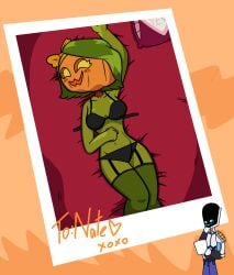 bed bow bowtie bra breasts breasts chibi female green_hair happy hips jacqueline_(monster_prom) lingerie monster monster_girl monster_prom original_character panties photo pinup polaroid pumpkin pumpkin_head smiling time_jester_(artist) unhooked_bra