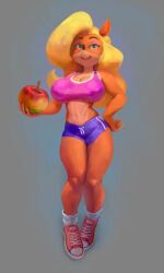 blonde_hair breasts cleavage crash_(series) crop_top flo_(artist) furry green_eyes gumdrops_(artist) hand_on_hip holding_object looking_up nipples shorts smile sneakers socks tagme tawna_bandicoot thick_thighs wide_hips wumpa_fruit