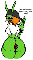 antennae ass ass big_ass big_butt black_cap bottomless fizz_(safres) freckles freckles_on_ass freckles_on_face green_body green_skin nanodude78 orange_hair safres_0 sharp_teeth spray_can white_shirt