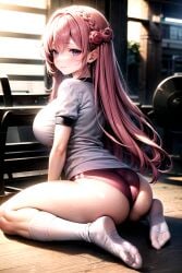 ai_generated alternate_costume ass blush breasts buruma dorothy_(nikke) double_bun female from_behind goddess_of_victory:_nikke gym_clothes gym_shirt large_breasts long_hair looking_at_viewer pink_hair purple_eyes shiny shiny_clothes shiny_hair shiny_skin sideboob smile socks solo sweat thick_thighs very_long_hair wariza