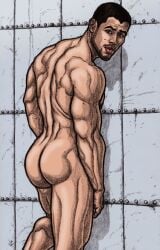 1boy actor art_of_clx ass back_muscles biceps bulging_biceps butt caucasian caucasian_male celebrity looking_at_viewer looking_back male male_only muscles muscular muscular_male musician nick_jonas real_person shower smooth_skin solo solo_male standing thick_thighs