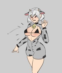 1girls accidental_exposure big_breasts bikini bikini_top black_bikini black_bikini_top blush breasts cow_ears cow_horns female female female_only moonatic moonie_(moonatic) red_eyes short_hair surprised white_hair