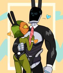 ass bunny_ears bunny_girl bunny_suit bunny_tail bunnysuit female green_hair hand_on_chest holding_back jacqueline_(monster_prom) legs male monster monster_girl monster_prom necktie original_character pasties pumpkin pumpkin_head reverse_bunnysuit robot robot_boy speedo time_jester_(artist)