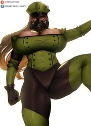 big_breasts blonde_hair breasts bursting_breasts busty cleavage cleavage_cutout female female_focus female_only gas_mask gloves green_eyes hourglass_figure large_breasts long_hair madame_gekko mask mighty_moth overflow pinup pinup_pose standing tagme uniform wide_hips wkart