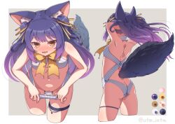 .live animal_ear_fluff animal_ears arms_behind_head arms_up ass bare_shoulders blush bow bowtie breasts cowboy_shot female fox_girl hair_ribbon highres leotard long_hair looking_at_viewer menstrual_pad multiple_views navel open_mouth orange_eyes panties panty_pull purple_hair pussy pussy_juice ribbon rurun_rururica shiny_skin shy small_breasts standing tail thigh_strap twintails underwear utm_iota virtual_youtuber white_background wolf_ears wolf_tail yellow_ribbon