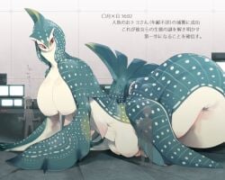 6_breasts ambiguous_gender big_breasts bigger_female breasts crotchboobs fins fish giant_female huge_breasts huge_crotchboobs inverted_nipples japanese_text matea multi_breast nipples non-mammal_breasts red_eyes red_sclera shark shark_girl whale_shark