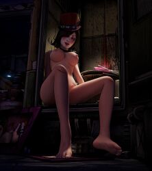 1girls 3d big_breasts blender borderlands borderlands_2 breasts breasts_out brown_hair feet female female_only hat mad_moxxi makeup nude rekkakun