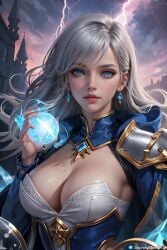 ai_generated blue_corset blue_earrings blue_eyes earrings lightning magic original_character realistic shoulder_pads stable_diffusion thunder white_hair white_shirt