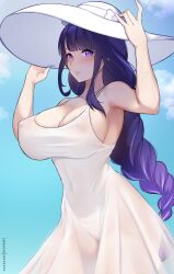 1girls big_breasts blush braid breasts cleavage dress female female_only genshin_impact goddess hasshaku-sama hat headwear hioyami huge_breasts mature mature_female mature_woman mole mole_under_eye nipple_bulge panties panties_visible_through_clothing purple_eyes purple_hair raiden_shogun solo solo_female sun_hat white_dress white_panties