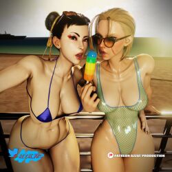 2girls 3d asian asian_female ass azzat beach big_ass big_breasts bikini breasts british british_female brown-tinted_eyewear cammy_white capcom chun-li female female_only looking_over_eyewear looking_over_glasses looking_over_sunglasses street_fighter street_fighter_6 sunglasses swimsuit thick_thighs thong_bikini tinted_eyewear