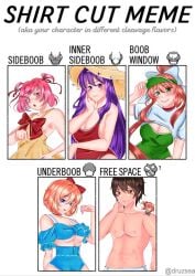 1boy 4girls 5_fingers bare_shoulder big_bow big_breasts blue_eyes blush blushing boob_window boobs bow breasts brown_hair cleavage cleavage_cutout doki_doki_literature_club eletsy english_text female free_space green_eyes hair_bow hairbow hat inner_sideboob long_hair male male_chest mc_(doki_doki_literature_club!) monika_(doki_doki_literature_club) mouth_open multiple_girls natsuki_(doki_doki_literature_club) open_mouth pink_eyes pink_hair purple_eyes purple_hair red_bow red_hair_bow red_hairbow sayori_(doki_doki_literature_club) shirt_cut_meme shirtless shirtless_(male) shirtless_male sideboob strawberry_blonde_hair text tits underboob yuri_(doki_doki_literature_club)