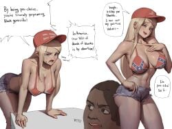 1boy 1boy1girl 1girls 2023 american american_female big_ass big_breasts big_butt bikini bikini_bottom bikini_top blonde blonde_female blonde_hair blue_eyes breasts confederate_flag confederate_flag_bikini daisy_dukes daisy_dukes_bikinis_on_top dark-skinned_male dark_skin dialogue english_text female freckles hat hi_res high_resolution highres huge_breasts human human_only large_ass large_breasts large_butt light-skinned_female light_skin maga_hat make_america_great_again male male/female political politics republican text tradwife white_background wjs07 wojak_comics