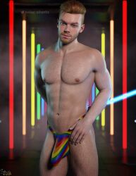 3d 3d_(artwork) abs actor biceps big_bulge bulge cal_kestis cameron_monaghan caucasian caucasian_male celebrity erection_under_underwear huge_bulge in_character lgbt_pride looking_at_viewer male male_only muscles muscular muscular_male pecs shirtless_male smooth_chest smooth_skin star_wars sthenhx thong underwear underwear_only