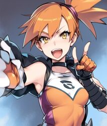 1girls ai_generated choker energetic female female_only fingerless_gloves game_freak kasumi_(pokemon) open_mouth peace_sign pokemon pokemon_trainer selfie solo sportswear yellow_eyes