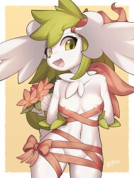 adorable anthro areolae_slip boquet bow cute flower furry game_freak gift green_eyes green_hair happy lover nintendo open_mouth petite petite_body pokémon_(species) pokemon pokemon pokemon_(species) pokemon_dppt present shaymin shaymin_(sky_form) white_fur wholesome wrappings zinfyu