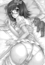 amami_haruka ass cameltoe hidebou idolmaster megane monochrome panties pussy_juice teddy_bear wet_panties