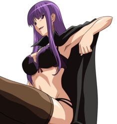 1girls arm_up black_bra black_panties bra cape etou_fujiko female female_only high_resolution ichiban_ushiro_no_daimaou legwear lingerie long_hair mole panties purple_eyes purple_hair sitting smile solo thighhighs transparent_background transparent_png underwear vector_trace