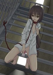 brown_hair clothed_masturbation clothing collar leash long_hair masturbation pixiv977953 ponytail public_vibrator staircase tied_hair vibrator