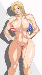 1girls abs adductors american_flag american_flag_bikini areolae bikini blonde_hair blue_eyes blush breasts collarbone dead_or_alive double_h female flag_bikini huge_breasts micro_bikini mizugi muscles muscular_female oppai pecs tina_armstrong