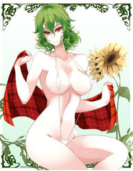 breasts female flower green_hair large_breasts plant red_eyes short_hair sling_bikini smile solo sunflower swimsuit takaharu touhou vines youkai yuka_kazami