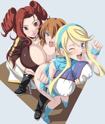 1boy 2girls blonde_hair blue_eyes blush brown_hair buttjob cheerleader cleavage clothed_female_nude_male clothing erect_nipples female happy heroman huge_breasts joey_jones kloah lina_davis nipple_bulge paizuri red_eyes red_hair tight_space vera_(heroman)