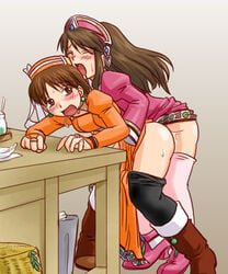 2girls blush brown_hair closed_eyes from_behind futa_on_female futanari intersex long_hair purple_bonus sex short_hair