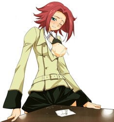 code_geass crotch_rub green_eyes high_res initial-g kallen_stadtfeld lactation masturbation one_breast_out open_clothes open_shirt oppai pussy_rub red_hair school_uniform shirt table table_humping