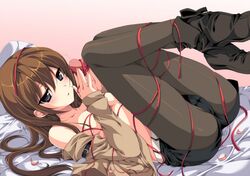 boots brown_hair cameltoe heart legs_up long_hair makise_kurisu ninoko pantyhose pointy_chin ribbon shorts solo steins;gate