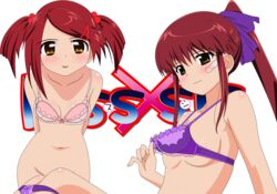 blush bra bra_pull kissxsis nopan panties panties_around_knees panty_down panty_pull pink_bra purple_bra purple_panties suminoe_ako suminoe_riko vector