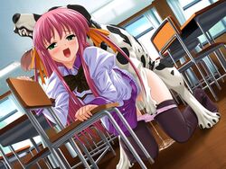 aihara_sarina blush canine chair classroom dalmatian delta desk doggy_style drool green_eyes interspecies leo_(shiiku_hakusho) panty_pull pink_hair school_uniform sex shiiku_hakusho shiiku_hakusho_-_kusari_ni_tsunagareta_doukyuusei thighhighs zoophilia